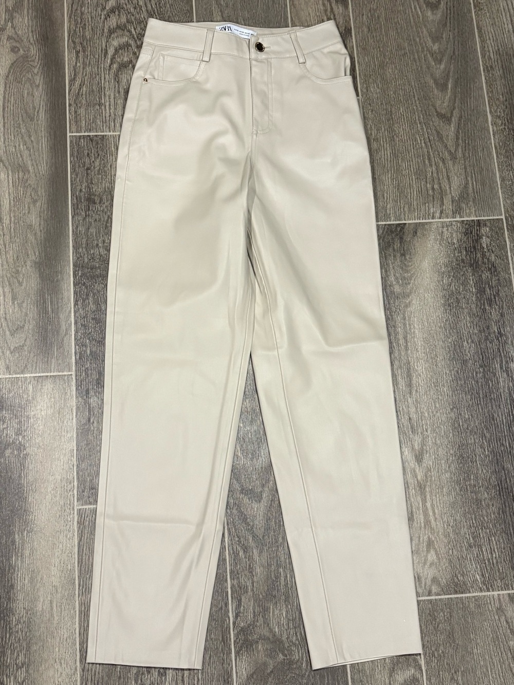 Zara Light Beige Faux Leather Straight-Leg Pants